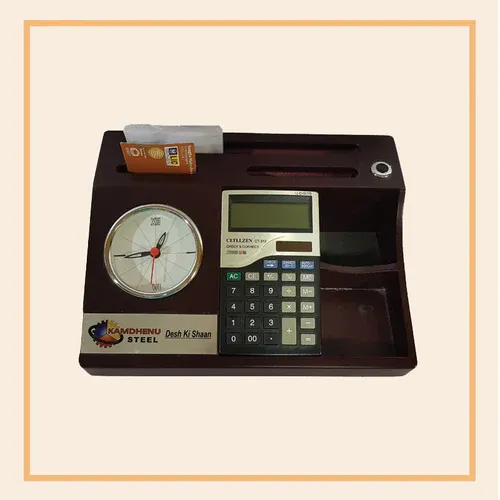 Wooden Desk Organiser with Clock & Calculator