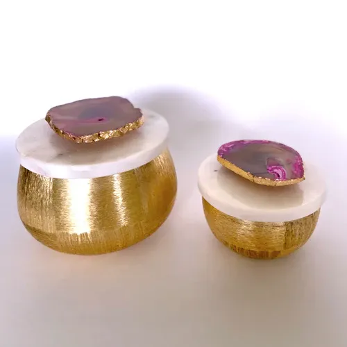 Round Stone Box Pair - Gold