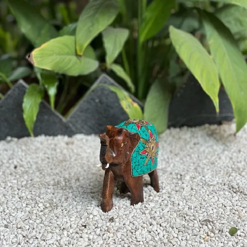 Wooden Elephant W Gem Stone & Brass Work Bronze Finish