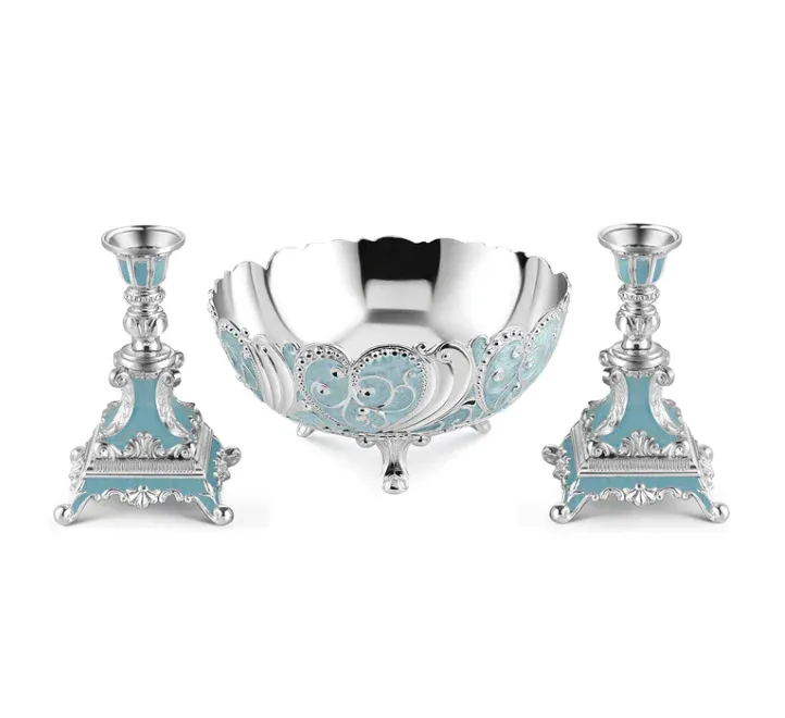 Big Enamel Bowl & Set Of 2 Candle Stand