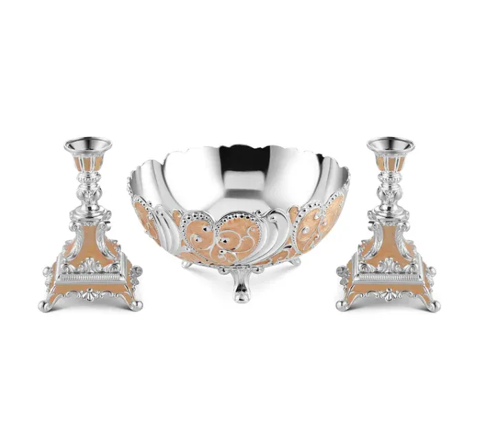 Big Enamel Bowl & Set Of 2 Candle Stand