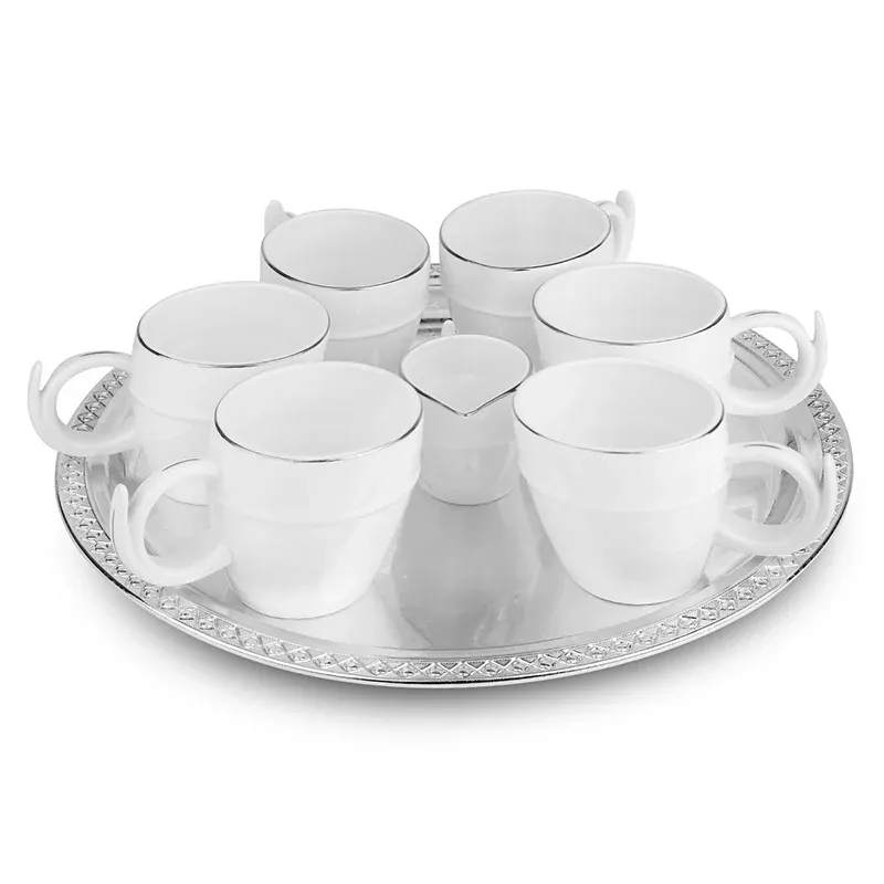 Silver Tray With 6 Cup And Milkpot