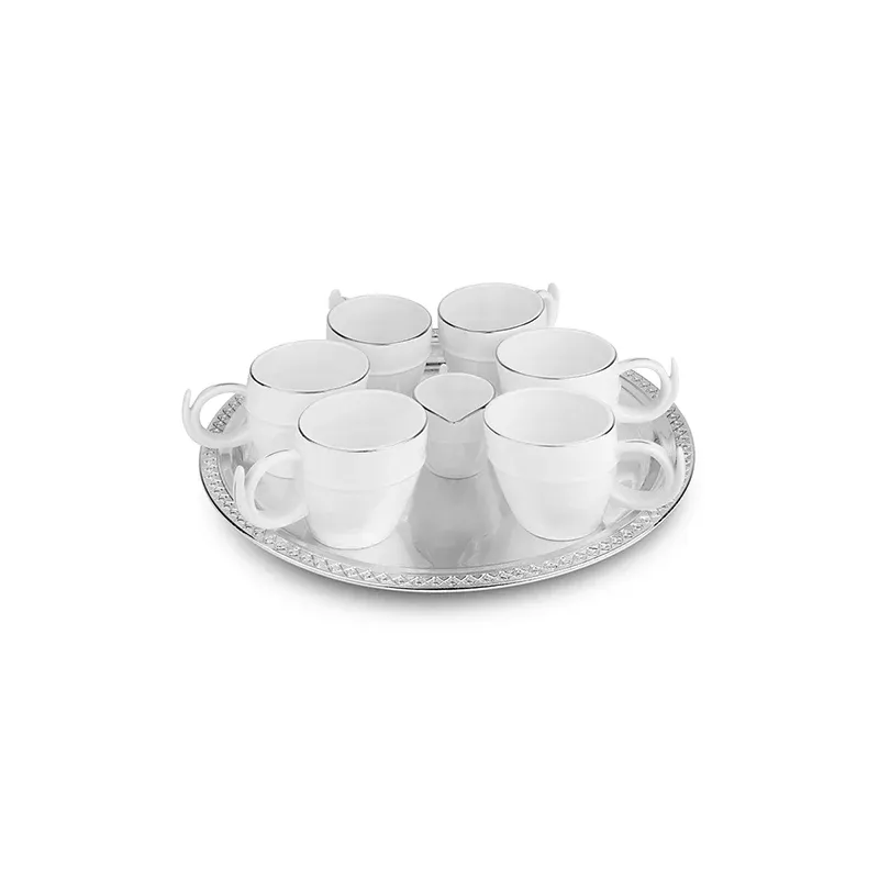 Silver Tray With 6 Cup And Milkpot